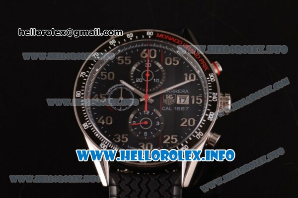 Tag Heuer Carrera Calibre 1887 Automatic Chronograph Miyota Quartz Steel Case with Black Dial Red Second Hand and Black Rubber Strap - Click Image to Close